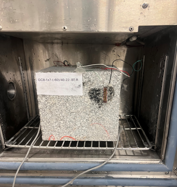 Rock breakage of a 20 cm granite cube at -20C in microclimate chamber